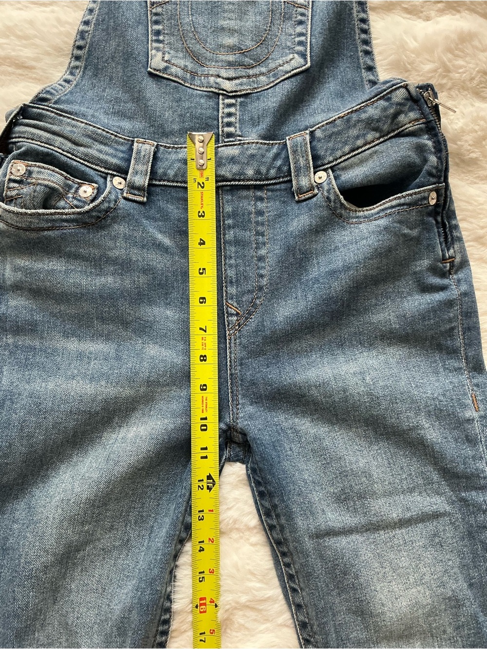 True Religion Blue Denim Overalls with Maroon Branded Straps - Picture 4 of 9